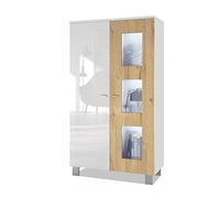 Vladon Vetrina Denjo, vetrina indipendente con 2 ante e 3 pannelli in vetro, bianco opaco/bianco lucido/quercia naturale, illuminazione a LED inclusa.