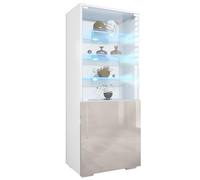 Vladon Vetrina Granada, Armadio Vetrina Made in Germany con Porta in Vetro e Inserto in Vetro incl. LED, Bianco Opaco/Grigio Sabbia Lucido (50 x 122,5 x 34,5 cm)