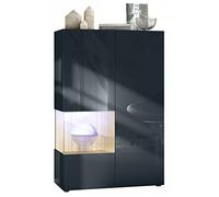 Vladon Vetrina Morena V2, vetrina a pavimento con 2 ante e inserto in vetro, mobile nero opaco, frontali nero lucido, cubo rovere naturale con illuminazione LED bianca (91,5 x 136,5 x 37 cm)