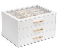 Vlando Cenerentola Plus - Portagioie grande con 3 ripiani, con coperchio in vetro, 3 cassetti, per collane, orecchini, orologi, bracciali, per gioielli, moderno, colore: bianco