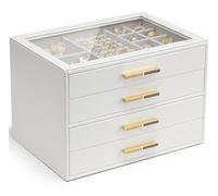 Vlando Cenerentola Plus - Portagioie grande, con 4 ripiani, con coperchio in vetro, 4 cassetti, per collane, orecchini, orologi, bracciali, per gioielli, moderno, colore: bianco
