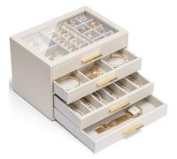 Vlando Portagioie Grande con 4 Ripiani e 4 Cassetti - Scatola Organizzatrice Gioielli Moderna in Bianco con Coperchio in Vetro Temperato - per Collane, Orecchini, Bracciali, Orologi (bianco)