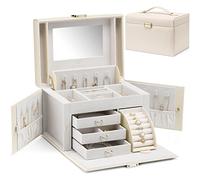 Vlando Portagioie per ragazze e donne, grande organizer per gioielli con specchio, 3 cassetti per bracciali, orecchini, anelli, collane, regali per la festa della mamma per la persona cara, bianco