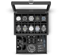 Vlando Scatola per orologi da uomo, con 10 orologi, con chiusura a 2 livelli, coperchio in vetro temperato, cassa per orologi con cassetto, cofanetto per orologi, portagioie