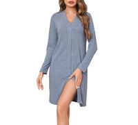Vlazom Camicia da Notte a Maniche Lunghe Camicie da Notte da Donna con Bottoni Scollo a V，Blu Chiaro，M