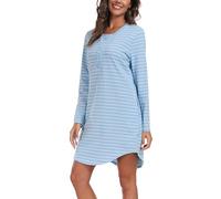 Vlazom Camicia da Notte da Donna Camicia da Notte Lunga da Donna in Cotone Manica Lunga a Righe Bottone Frontale con Tasca Abito da Notte da Donna,XXL,Azzurro