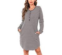 Vlazom Camicia da Notte da Donna Camicia da Notte Lunga da Donna in Cotone Manica Lunga a Righe Bottone Frontale con Tasca Abito da Notte da Donna,L,Grigio Scuro