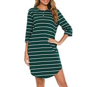 Vlazom Camicia da Notte Donna Cotone a Righe Manica 3/4 con Tasche Lunga Fino Ginocchio，Verde，M