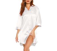 Vlazom Camicia da Notte Donna Raso con Bottoni a Maniche Lunga Camicione Invernale Elegante，Bianco，XL