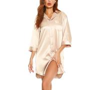 Vlazom Camicia da Notte Donna Raso con Bottoni a Maniche Lunga Camicione Invernale Elegante，Champagne，S