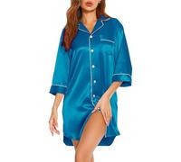 Vlazom Camicia da Notte Donna Raso con Bottoni a Maniche Lunga Camicione Invernale Elegante，Lago Blu，M