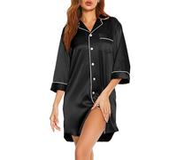 Vlazom Camicia da Notte Donna Raso con Bottoni a Maniche Lunga Camicione Invernale Elegante，Nero，XL