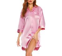 Vlazom Camicia da Notte Donna Raso con Bottoni a Maniche Lunga Camicione Invernale Elegante，Rosa Brillante，XXL