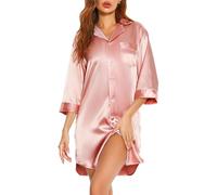 Vlazom Camicia da Notte Donna Raso con Bottoni a Maniche Lunga Camicione Invernale Elegante，Rosa Scuro，XXL
