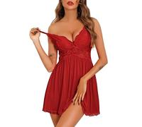 Vlazom Camicia da Notte Donna Scollo V Sottoveste Senza Maniche Spalline Regolabili Sottovesti,L,A-Rosso