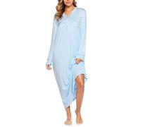 Vlazom Camicia da Notte Lunga, Camicia da Notte Donna Manica Lunga con Bottoni Davanti Scollo a V Camicie da Notte Donna Lunghe Invernali Taglie Forti,XL,B-Blu Chiaro