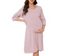 Vlazom Camicia da Notte Premaman Cotone Camicia da Notte Donna per Allattamento Manica 3/4 Girocollo con Bottoni Estiva Ospedale Casa,Striscia Rosa,L
