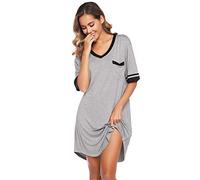 Vlazom Camicie da Notte da Donna Estate Vestito Lunga Morbido Traspiranti Scollo V Maniche Corta，Grigio，S