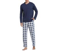 Vlazom Pigiama Cotone Uomo Lungo,Pigiama Uomo Invernale Caldo Pigiami Due Pezzi Comodi Pantalone e Morbido Pigiama Lunghi Uomo 2 Pezzi,XXL,C-Blu