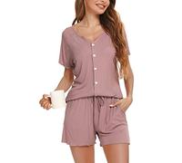 Vlazom Pigiama da Donna Estivi Manica Corta Pigiama Set con Bottoni Scollo a V Indumenti da Notte，A-Rosa Scuro，S