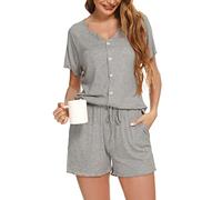 Vlazom Pigiama da Donna Estivi Manica Corta Pigiama Set con Bottoni Scollo a V Indumenti da Notte，A-Grigio Chiaro，XXL