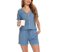 Vlazom Pigiama da Donna Estivi Manica Corta Pigiama Set con Bottoni Scollo a V Indumenti da Notte，A-Blu Cobalto，S