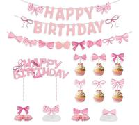 Vlecexs Rosa Butterfly Knot Compleanno Festa Set Di Decorazione Bambini Ragazze Giovane Donne Grande Torta Rack 24 Piccoli Set Pattern 4 Pezzi Desktop Decorazione Buon Compleanno Banner
