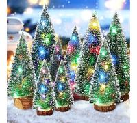 Vleuexe Mini Albero di Natale Innevato10/15/20 cm Miniatura Albero di Natale Artificiale con Base Legno e 1M/colore Luci a filo Metallico,Miniature Natalizie,Decor Tavolo Casa Natalizie Ornamenti 9PZ