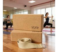 VLFit Set di 2 blocchi da yoga in sughero, con cinghia da yoga in 100% cotone, blocco per yoga ecologico, realizzato in sughero naturale, set di 2 blocchi e cinghia