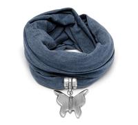 VLNET Vestopazzo sciarpa gioiello con ciondolo cuore, elefante, cerchio e farfalla in alluminio 100% riciclato. Tessuto cotone jersey blu, kaki e nero. (blu farfalla)