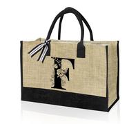 VLYX Borsa tote in tela con iniziale personalizzata, borsa regalo da spiaggia adatta per compleanno, matrimonio, spiaggia, vacanze, ottimo regalo di compleanno per donna, mamma - F
