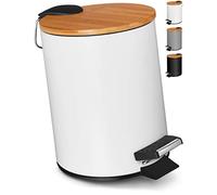 VMbathrooms Pattumiera per Cosmetici 3L in nobile design bianco/cestino spazzatura con chiusura automatica/Cestino elegante per il bagno con contenitore interno e coperchio in legno di bambù