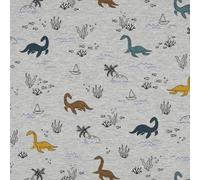VmG-Store 1m di tessuto in jersey di cotone da cucire, jersey di cotone per bambini, non venduto al metro (Dinosauro d'acqua grigio melange Jb019)