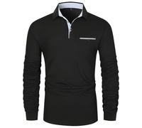 VMSUCIJ Polo Manica Lunga Uomo Maglietta con Abbottonatura Patchwork a Doppio Triangolo Elegante Cotone T-Shirt con Taschino,48 Nero,3XL