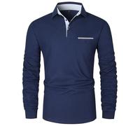 VMSUCIJ Polo Manica Lunga Uomo Maglietta con Abbottonatura Patchwork a Doppio Triangolo Elegante Cotone T-Shirt con Taschino,48 Blu,XXL