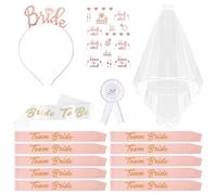 VMUTGA 15 Pezzi Gadget Sposa to Be Kit Accessori, Bride to Be Decorazione Gadget Addio al Nubilato Sposa Velo Spille Fascia Fasce Capelli con 10 Team Sposa Fascia per Nozze Addio al Nubilato Festa