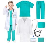Vmxlso Costume da medico per bambini, 7 pezzi, con cappotto da laboratorio, stetoscopio, berretto medico, maschera, biglietto, costume da dottore, per bambini dai 9 ai 10 anni, per Halloween e cosplay