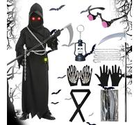 Vmxlso Costume da Tristo Mietitore Bambino, 128cm Grim Reaper Costume, Costume Mietitore con Cappuccio, Occhiali Luminosi, Falce, Cintura a Catena, Tristo Mietitore Costume per Halloween Party Cosplay