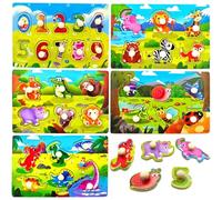 Vndnsy 5 set puzzle in legno, puzzle educativi prescolari, numeri, animali, dinosauri, insetti, puzzle con pioli per bambini, giocattoli per ragazzi e ragazze, giocattoli da 1 a 3 anni regali