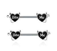 VNIDJGB 1 paio di piercing per capezzolo, con cuore nero, lettera diavolo, gioielli in acciaio inox, piercing per capezzoli con cuore nero, piercing per capezzoli, per donne e donne