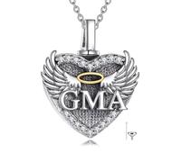 VNRIOW Collana con urna per ceneri in argento Sterling 925, con ali d'angelo, a forma di cuore, per la cremazione, per le ceneri della persona cara, con catena in acciaio inox da 45,7 cm + 5,1 cm