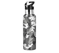 Vnurnrn Art Camouflage Grigio Bianco Nero Bottiglia Acqua Acciaio Inox, Isolato Borraccia Termica Senza BPA 600ML per Bevande Calde e Fredde per Bambini Sport Ciclismo Scuola
