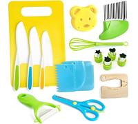 Voarge Coltello per bambini, 17 pezzi, coltello da cucina di sicurezza per bambini, con formine per biscotti per verdure, coltello in legno, tagliere - perfetto Natale o compleanno per bambini