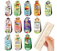 Voarge Set di segnalibri magnetici, 12 pezzi, con righello in legno, motivo: animali con prove di lettura per bambini