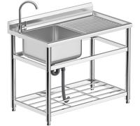 Vockol Lavello in Acciaio Inox Professionale con Banco, 110 cm Lavandino da Cucina Commerciale con Rubinetto, Lavello Autoportante per Esterno, Cucina, Ristorante, Caffè, Garage, 64 x 110 x 93 cm