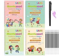 VODAFQS 4 Grande Calligrafia Magica Italiano Quaderni Riutilizzabile, Libro Magico da Scrivere per Bambini +1 Penne+10 Ricariche +1 Correttori di Postura delle Dita