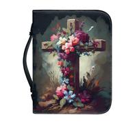 Vodetik Custodia per la Bibbia con croce per donne e uomini, rosa floreale, custodia per il trasporto per ragazze in pelle di piccole dimensioni con manico con cerniera protezione bibbia borsa