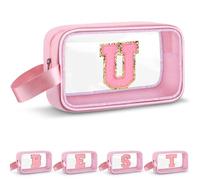 Vodolo Beauty case con iniziale, graziosa borsa da viaggio trasparente con monogramma per donne e ragazze, borsa da viaggio estetica personalizzata rosa per il trucco da viaggio, borsa organizer per