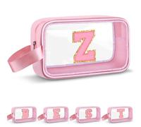 Vodolo Beauty case con iniziale, graziosa borsa da viaggio trasparente con monogramma per donne e ragazze, borsa da viaggio estetica personalizzata rosa per il trucco da viaggio, borsa organizer per