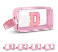 Vodolo Beauty case con iniziale, graziosa borsa da viaggio trasparente con monogramma per donne e ragazze, borsa da viaggio estetica personalizzata rosa per il trucco da viaggio, borsa organizer per